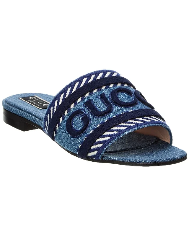 New In This Season Gucci Script Denim Sandal