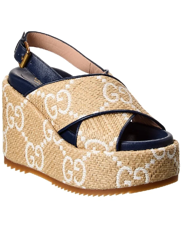 Outdoor Hiking Shoes Promotion Gucci Straw & Leather Platform Wedge Sandal