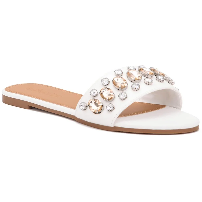 New Styles Just In Olivia Miller Womens Elsa Faux Leather Rhinestone Slide Sandals