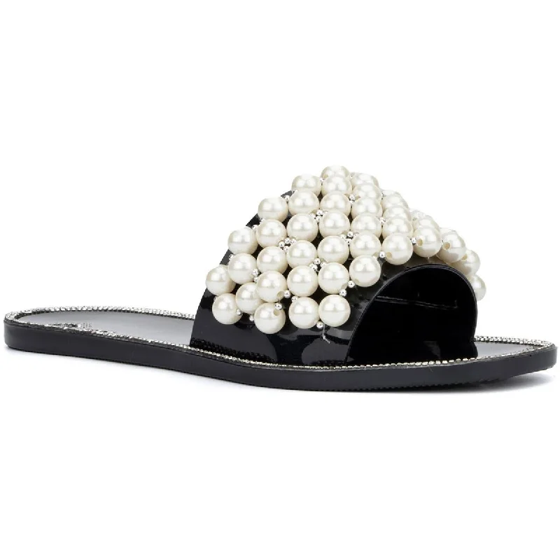 Style Upgrade Olivia Miller Womens Omra  Embellished Square Toe Slide Sandals