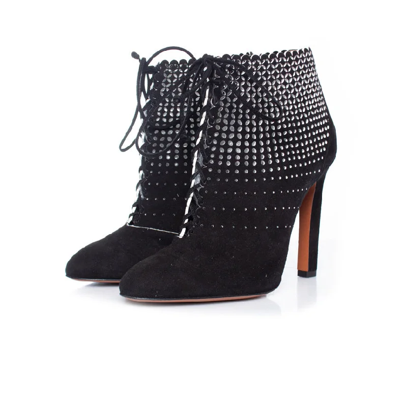 Gift Ideas Black suede laser-cut lace-up boots