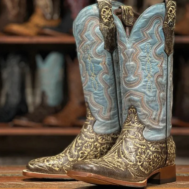 Special Offer Tanner Mark Women's Brown & Blue Embossed Square Toe Boots