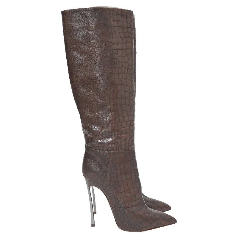 Holiday Glam Casadei Croc-Embossed Knee High Boots in Brown Leather