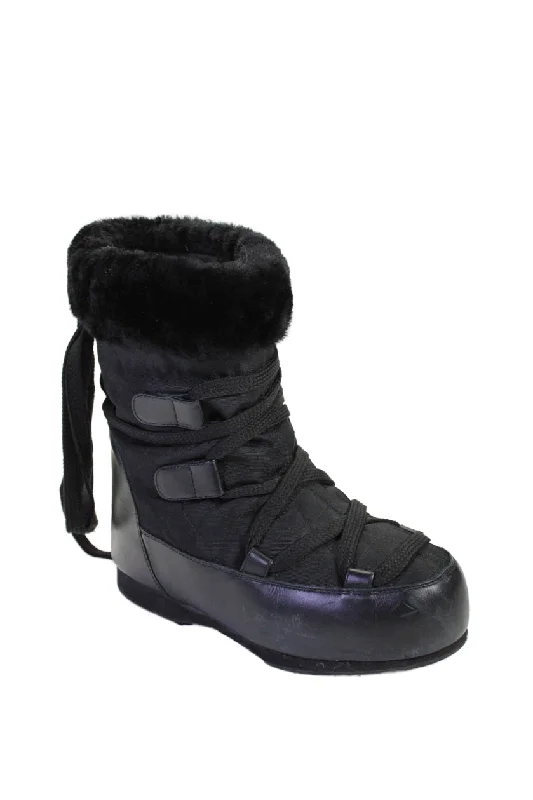 Clearance Sale, All Cheap Chanel Womens Fur Lined Lace-Up Round Toe Platform Snow Boots Black