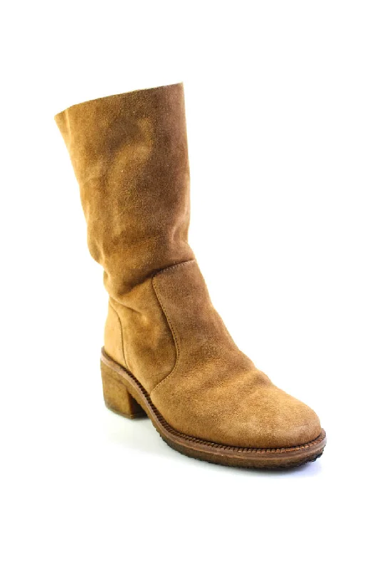 Limited Time Offer Chanel Womens Slip On Block Heel Shearling Lined Mid Calf Boots Brown Suede 37.5