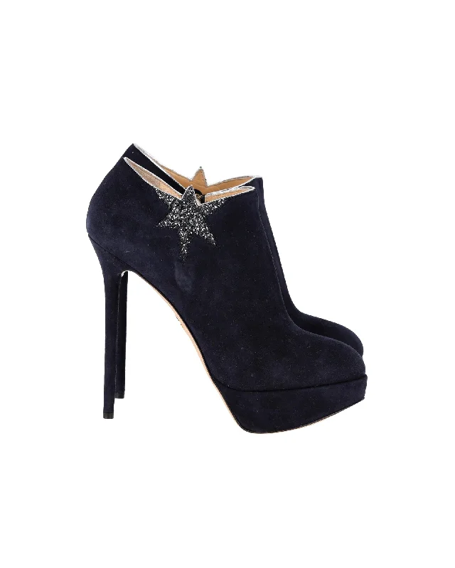 Crazy Price Slashing Charlotte Olympia Reach for the Stars Platform Boots in Navy Blue Suede