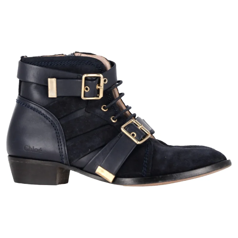 Limited Stock, Big Discounts Chloé Buckled and Lace-Up Detail Ankle Boots in Black Suede