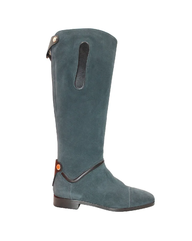Stylish Statements Hermes Knee-Length Boots in Blue Suede