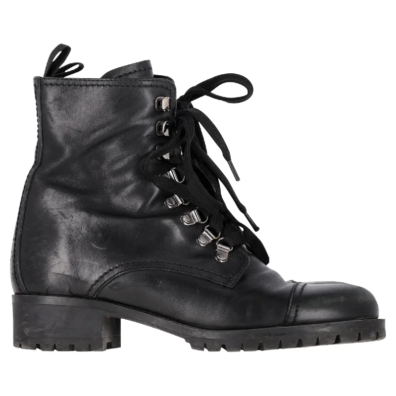 Sale On Sale Prada Lace-Up Combat Boots in Black Leather