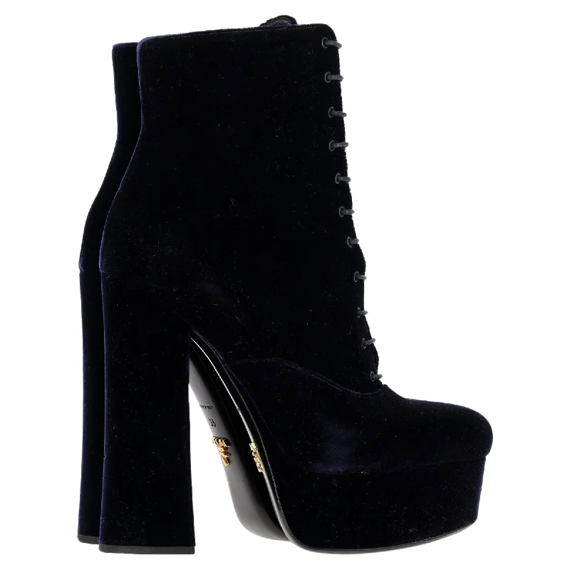 Effortless Style, Endless Impact Prada Lace-Up Platform Boots in Navy Blue Velvet