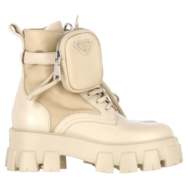 Trendy Women's Wear Collection Prada Monolith Pouch-Detail Boots in Beige Leather