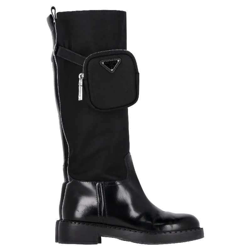 Flash Sale Or Flash Sales Prada Monolith Pouch Riding Boots in Black Nylon and Leather