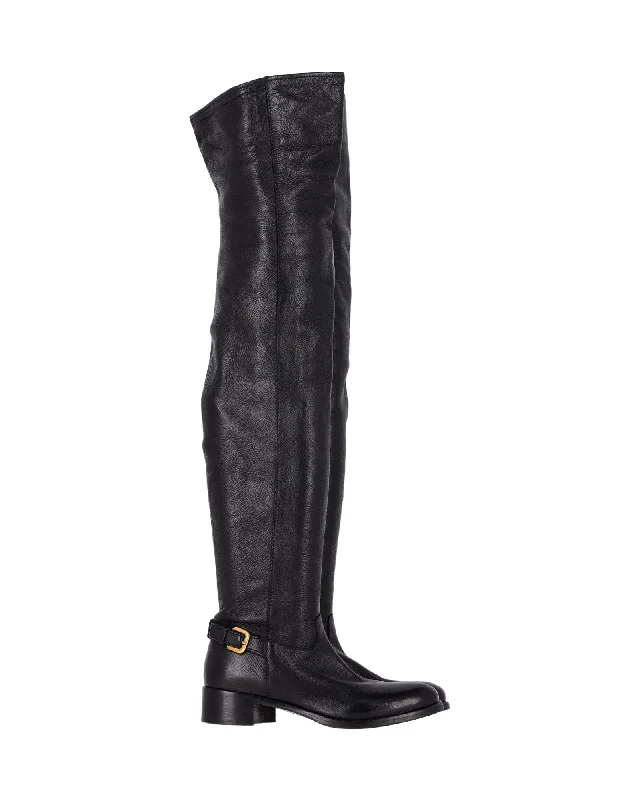 Catch Every Fashion Trend Prada Over-The-Knee Buckled Boots in Black Leather