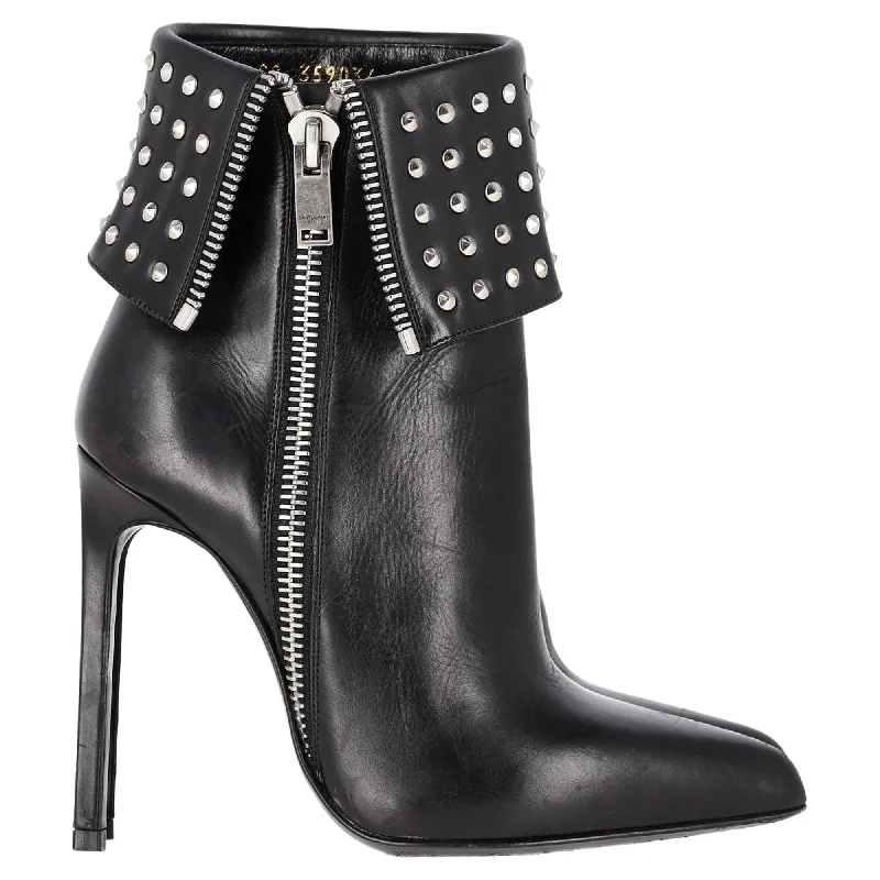 Huge Markdowns Saint Laurent Paris Fold Over Studded Booties in Black Leather