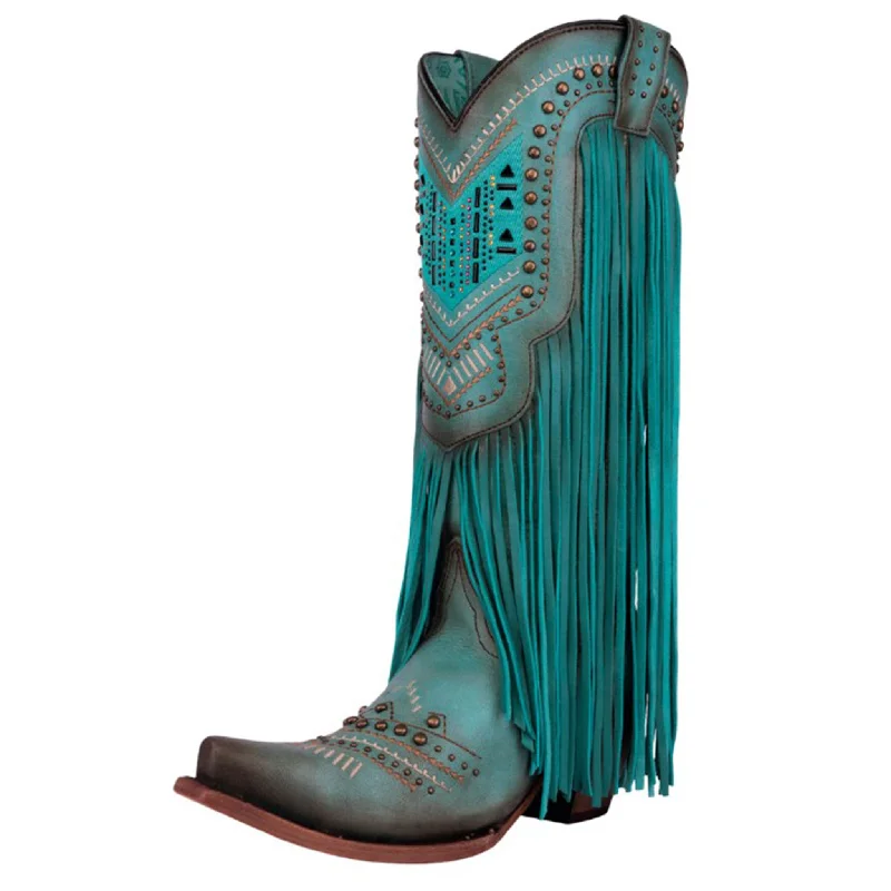 Avant-Garde Style Promotions Corral Women's Turquoise Crystal/Studs Fringe Boots