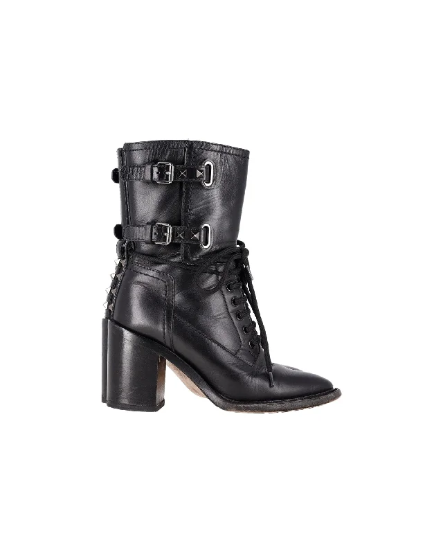 Trend Alert Valentino Garavani Rockstud Double-Buckle Heeled Boots in Black Leather