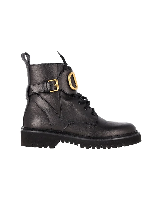 Bold Fashion Valentino Garavani VLogo Combat Boots in Black Calfskin Leather