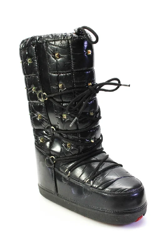 Browse Our Top Products Valentino Garavani Womens Lace Up Quilted Rockstud Knee High Boots Black