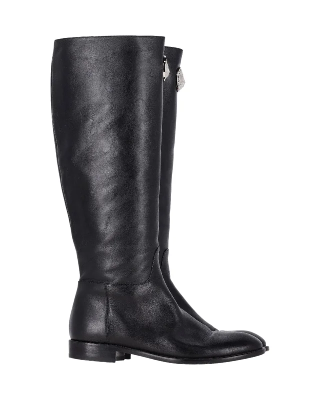 Fashion Frontiers Versus Tiger Plaque Knee-High Flat Boots in Black Leather