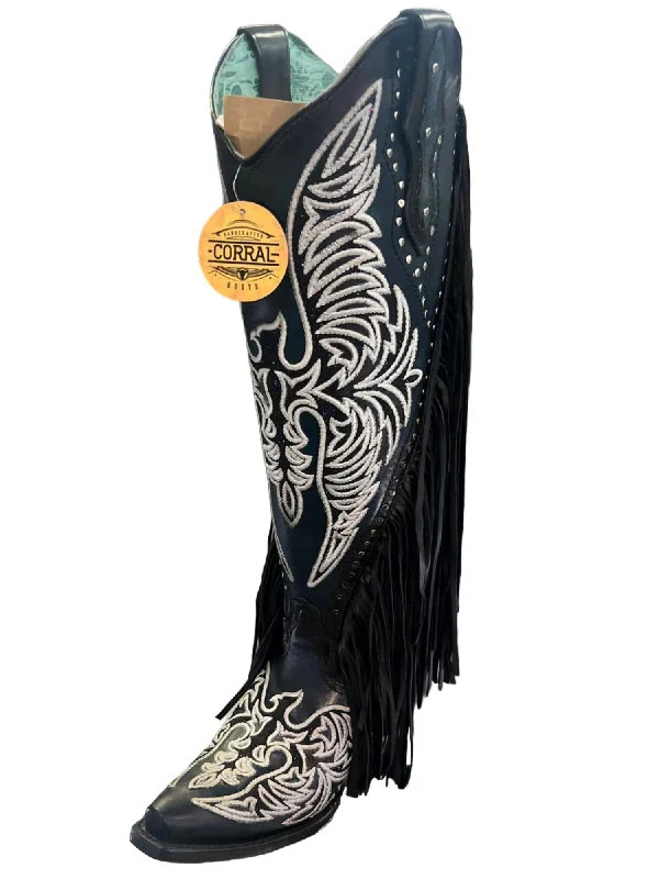 Exclusive Discounts Women's Eagle Embroidery Studs Fringes Western Boot In Black