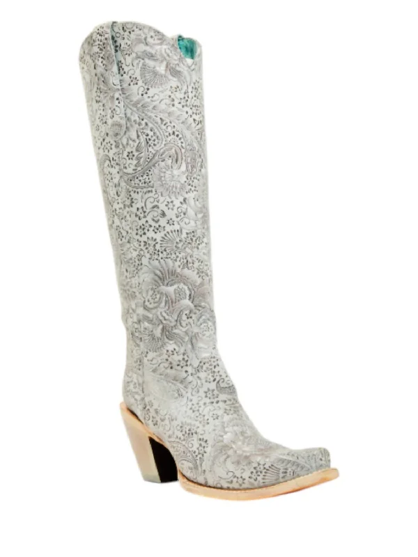 Hot Deals Women's Floral Embroidery Tall Boots In Silver