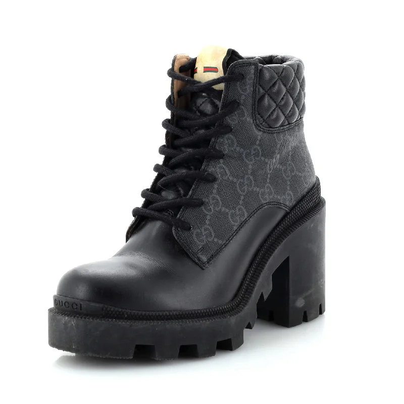 Casual Chic Deals Women's Lace Up Heeled Ankle Boots GG Coated Canvas with Quilted Leather