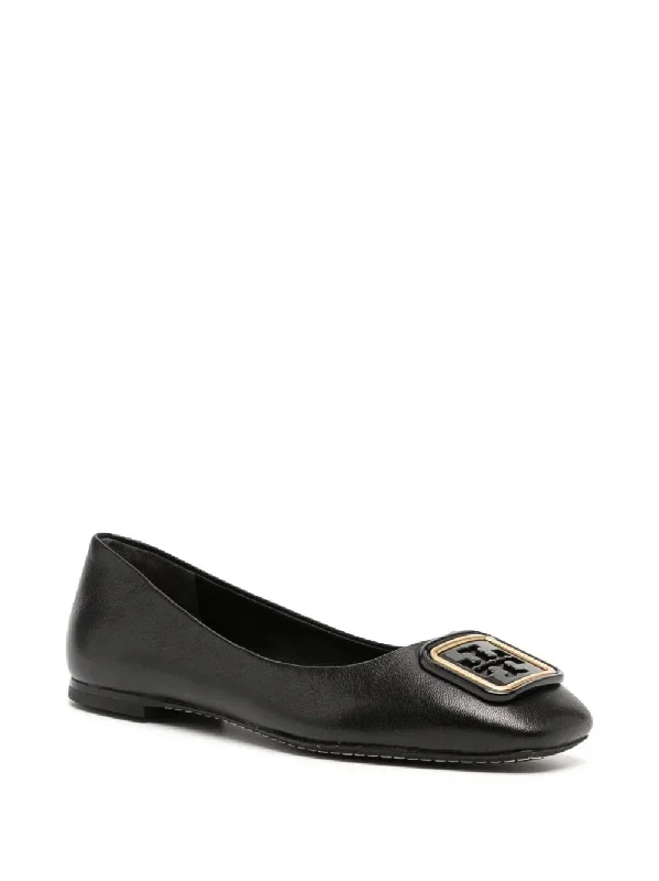 Comfortable Outdoor Shoes Tory Burch Women's Black Leather Georgia Square Toe Logo Flats Shoes