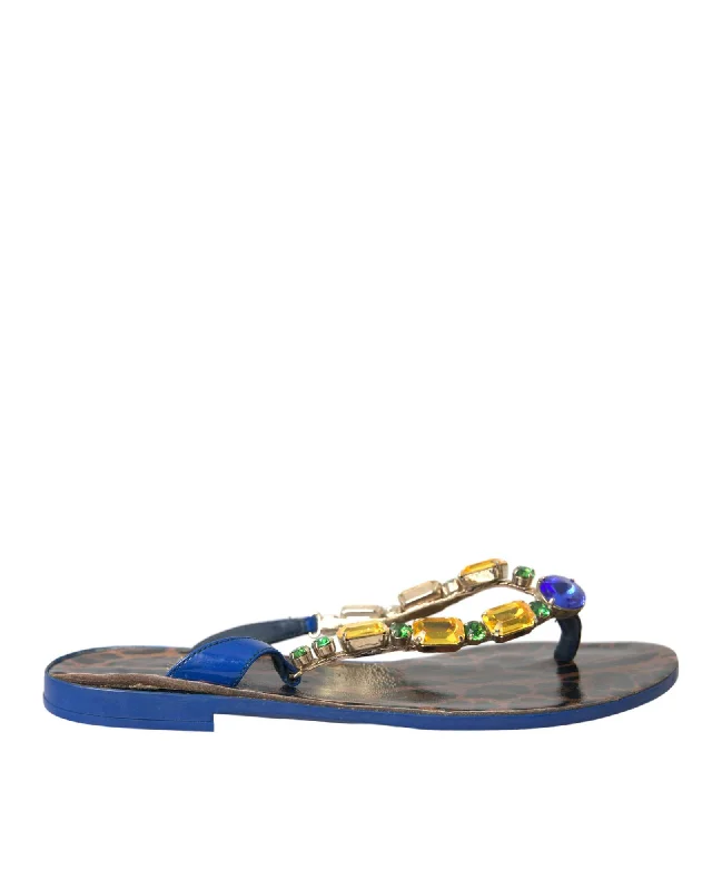 Comfortable Women's Shoes Dolce & Gabbana  Leopard Print Thong Sandals with Gemstone Embellishments - Blue