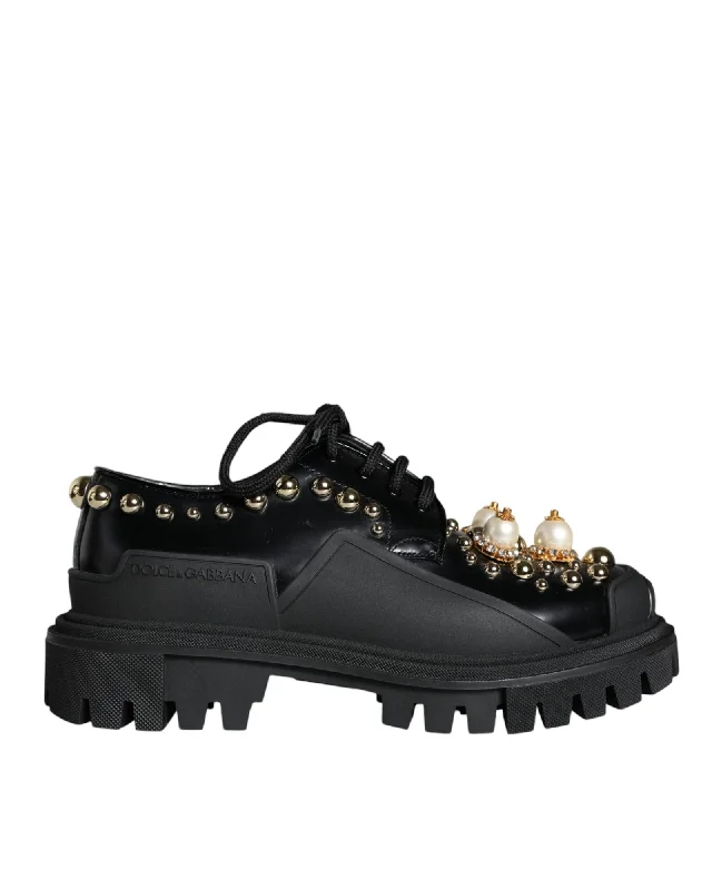 Women's Everyday Flats Dolce & Gabbana  Laceup Leather Oxford Shoes with Pearl Embellishment - Black