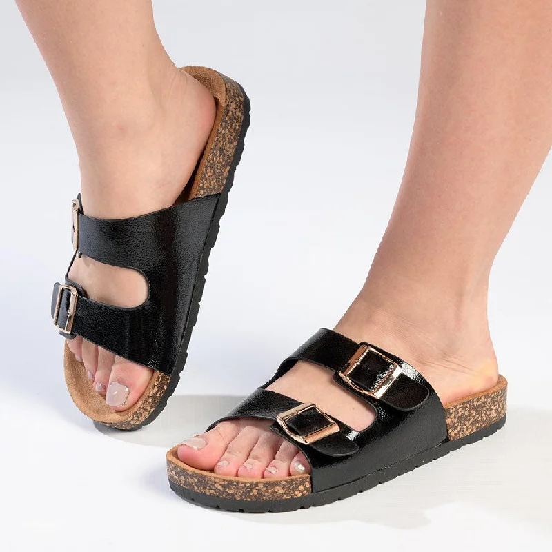 Fashion Forward Femininity Madison 2 Buckle Comfort BF Sandals - Black