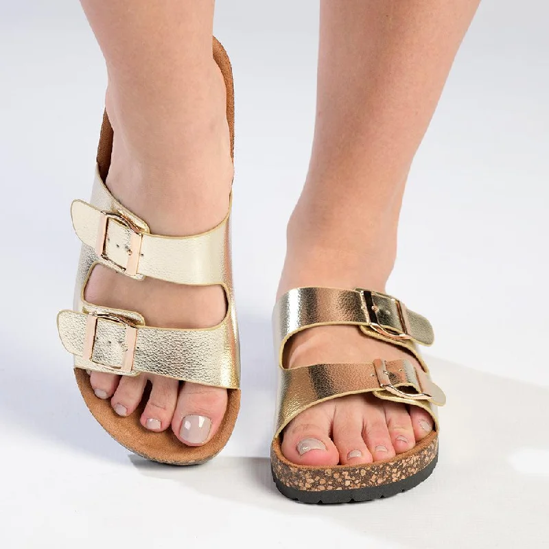Comfort Meets Fashion Madison 2 Buckle Comfort BF Sandals - Gold