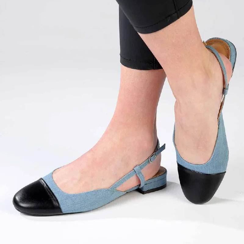 Comfortable Minimalist Shoes Madison Bluma Low Block Heel Slingback Sandal - Black / Blue