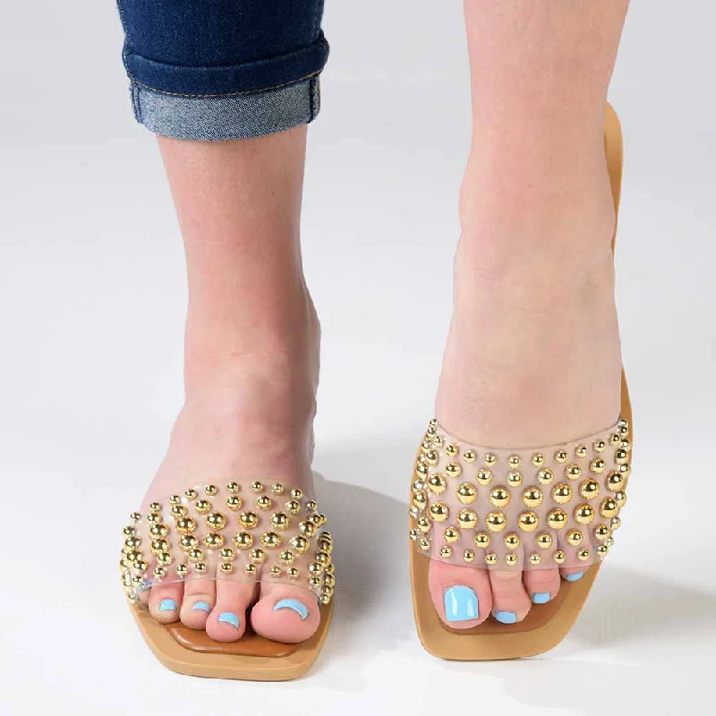 Premium Casual Footwear Madison Janine Studded Push In Mule - Clear Nude